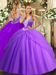 Tulle Sleeveless Floor Length Quinceanera Dresses and Beading and Pick Ups