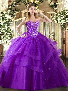 Eggplant Purple Lace Up Sweetheart Embroidery and Ruffled Layers Sweet 16 Quinceanera Dress Tulle Sleeveless