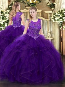 Purple Ball Gowns Beading and Ruffles 15th Birthday Dress Zipper Organza Sleeveless Floor Length