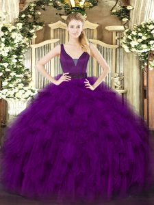 Straps Sleeveless Quinceanera Dresses Floor Length Beading and Ruffles Purple Organza