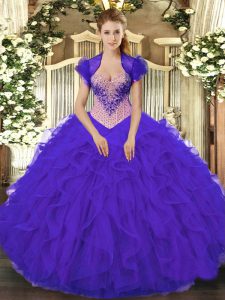 Sleeveless Floor Length Beading and Ruffles Lace Up Quinceanera Gown with Purple