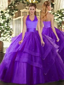 Flirting Purple Halter Top Neckline Ruffled Layers Ball Gown Prom Dress Sleeveless Lace Up