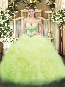 Sweetheart Sleeveless Quinceanera Gown Floor Length Beading and Ruffles and Pick Ups Yellow Green Organza