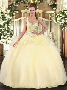 Gold Ball Gowns Organza Straps Sleeveless Beading Floor Length Lace Up 15th Birthday Dress