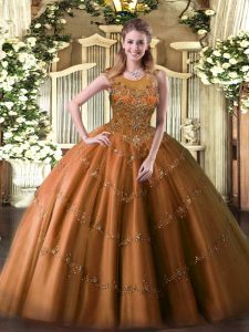 Fabulous Rust Red Sleeveless Beading and Appliques Floor Length Quince Ball Gowns