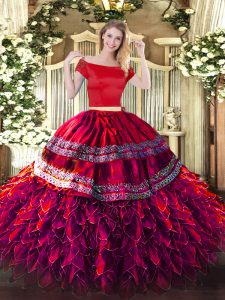Fuchsia Off The Shoulder Neckline Embroidery and Ruffles 15 Quinceanera Dress Short Sleeves Zipper