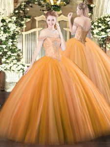 Customized Orange Lace Up Quinceanera Dresses Beading Sleeveless Floor Length