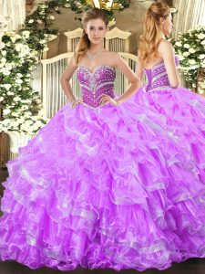 Sweetheart Sleeveless Quince Ball Gowns Floor Length Beading and Ruffled Layers Lilac Organza