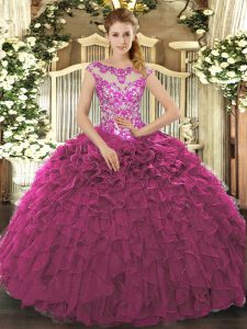 Organza Scoop Cap Sleeves Lace Up Beading and Appliques and Ruffles Vestidos de Quinceanera in Fuchsia