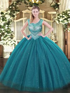 Cute Beading Sweet 16 Dress Teal Lace Up Sleeveless Floor Length