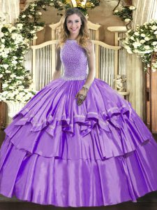 Sweet Lavender Lace Up Quinceanera Dress Beading and Ruffled Layers Sleeveless Floor Length