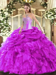 Fuchsia Quinceanera Dress Military Ball and Sweet 16 and Quinceanera with Beading and Ruffles and Pick Ups Sweetheart Sleeveless Lace Up