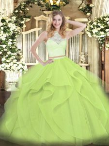 Yellow Green Tulle Zipper Sweet 16 Dresses Sleeveless Floor Length Lace and Ruffles