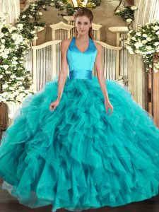 Turquoise Sleeveless Floor Length Ruffles Lace Up 15 Quinceanera Dress