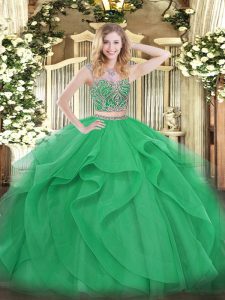 Green Two Pieces Beading and Ruffles 15 Quinceanera Dress Lace Up Tulle Sleeveless Floor Length