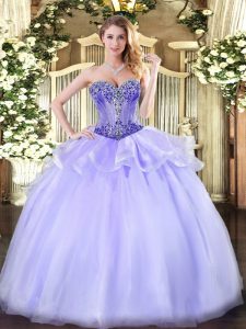 Lavender Organza Lace Up Sweetheart Sleeveless Floor Length Sweet 16 Dress Beading