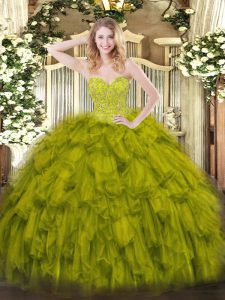 Hot Selling Sleeveless Floor Length Beading and Ruffles Lace Up Quinceanera Dress with Olive Green