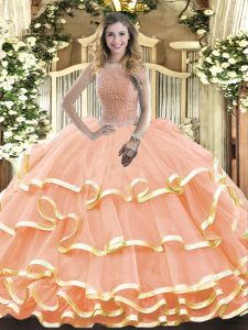 Peach High-neck Lace Up Beading and Ruffled Layers Quince Ball Gowns Sleeveless