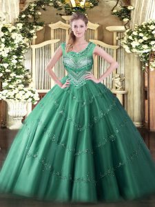 Luxurious Dark Green Tulle Lace Up Sweet 16 Dresses Sleeveless Floor Length Beading and Appliques