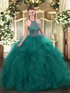 Beautiful Tulle Halter Top Sleeveless Lace Up Beading and Ruffles 15 Quinceanera Dress in Teal