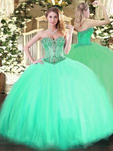 Attractive Aqua Blue Tulle Lace Up Sweetheart Sleeveless Floor Length Quince Ball Gowns Beading