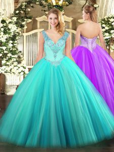 Lovely Aqua Blue Lace Up V-neck Beading Quinceanera Dress Tulle Sleeveless