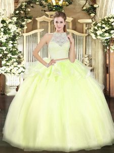 Yellow Green Quinceanera Gown Military Ball and Sweet 16 and Quinceanera with Lace Scoop Sleeveless Zipper