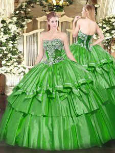 Clearance Strapless Sleeveless Quinceanera Gowns Floor Length Beading and Ruffled Layers Green Organza and Taffeta