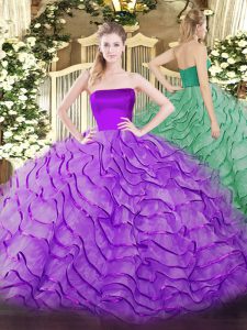 Dramatic Eggplant Purple Sleeveless Tulle Brush Train Zipper Vestidos de Quinceanera for Military Ball and Sweet 16 and Quinceanera