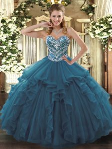 Sweetheart Sleeveless Quinceanera Gowns Floor Length Beading and Ruffles Teal Tulle