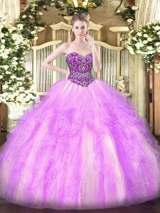 Low Price Lilac Sweetheart Neckline Beading and Ruffles Quinceanera Dress Sleeveless Lace Up