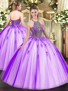 Eggplant Purple Ball Gowns Halter Top Sleeveless Tulle Floor Length Lace Up Beading Ball Gown Prom Dress