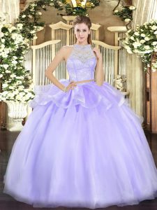 Edgy Lavender Two Pieces Tulle Scoop Sleeveless Lace Floor Length Zipper Ball Gown Prom Dress