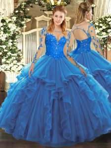 Lace and Ruffles Quinceanera Gowns Blue Lace Up Long Sleeves Floor Length