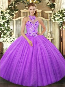 Lavender Tulle Lace Up Quinceanera Gowns Sleeveless Floor Length Beading