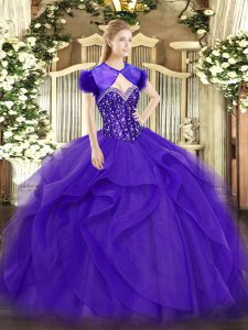 Super Sweetheart Sleeveless Tulle 15th Birthday Dress Beading and Ruffles Lace Up