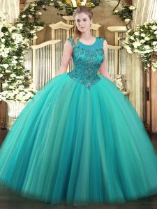 Floor Length Zipper 15th Birthday Dress Turquoise for Military Ball and Sweet 16 and Quinceanera with Beading