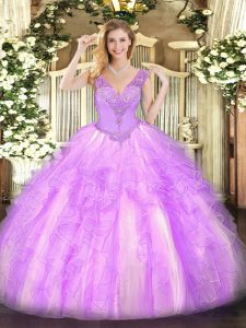 Great V-neck Sleeveless Quince Ball Gowns Floor Length Beading and Ruffles Lilac Organza