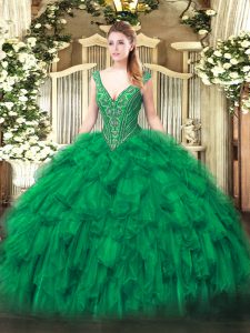 Romantic Green Lace Up Quince Ball Gowns Beading and Ruffles Sleeveless Floor Length