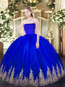 Enchanting Blue Ball Gowns Strapless Sleeveless Tulle Floor Length Zipper Appliques Sweet 16 Dress