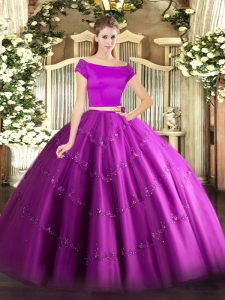 Fitting Appliques Sweet 16 Dresses Fuchsia Zipper Short Sleeves Floor Length