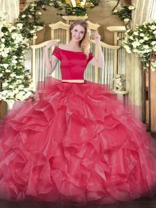 Simple Off The Shoulder Short Sleeves Sweet 16 Quinceanera Dress Floor Length Appliques and Ruffles Coral Red Organza