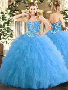 Custom Design Aqua Blue 15th Birthday Dress Military Ball and Sweet 16 and Quinceanera with Beading and Ruffles Sweetheart Sleeveless Lace Up