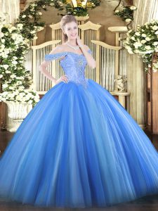 Fashion Baby Blue Ball Gowns Off The Shoulder Sleeveless Tulle Floor Length Lace Up Beading 15 Quinceanera Dress