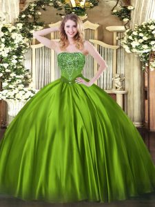 Olive Green Sleeveless Floor Length Beading Lace Up Quinceanera Gown