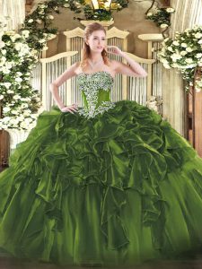 Olive Green Lace Up Strapless Beading and Ruffles Quinceanera Dresses Organza Sleeveless