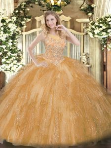 Modern Gold Ball Gowns Scoop Sleeveless Tulle Floor Length Zipper Beading and Ruffles Sweet 16 Quinceanera Dress