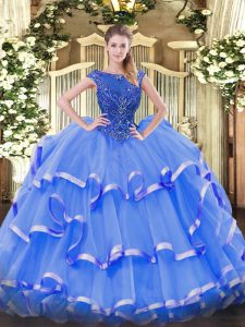 Deluxe Blue Sleeveless Floor Length Beading and Ruffled Layers Zipper Vestidos de Quinceanera