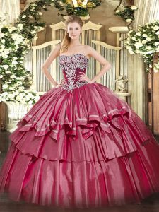 Sleeveless Floor Length Beading and Ruffled Layers Lace Up Sweet 16 Dresses with Hot Pink