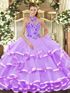 Floor Length Lavender Sweet 16 Dresses Halter Top Sleeveless Lace Up